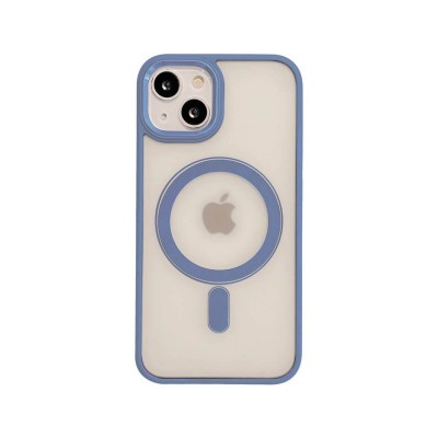 Husa iPhone 13, Premium MagSafe, Butoane Metalice, Spate Transparent, Rama Albastru Deschis